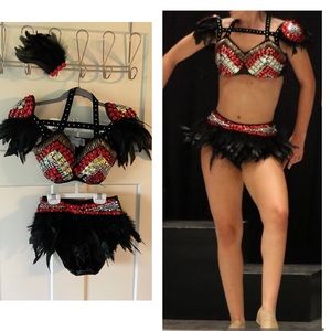 Beautiful stoned red & black Glamour costume with feathers, size SA Small Adult